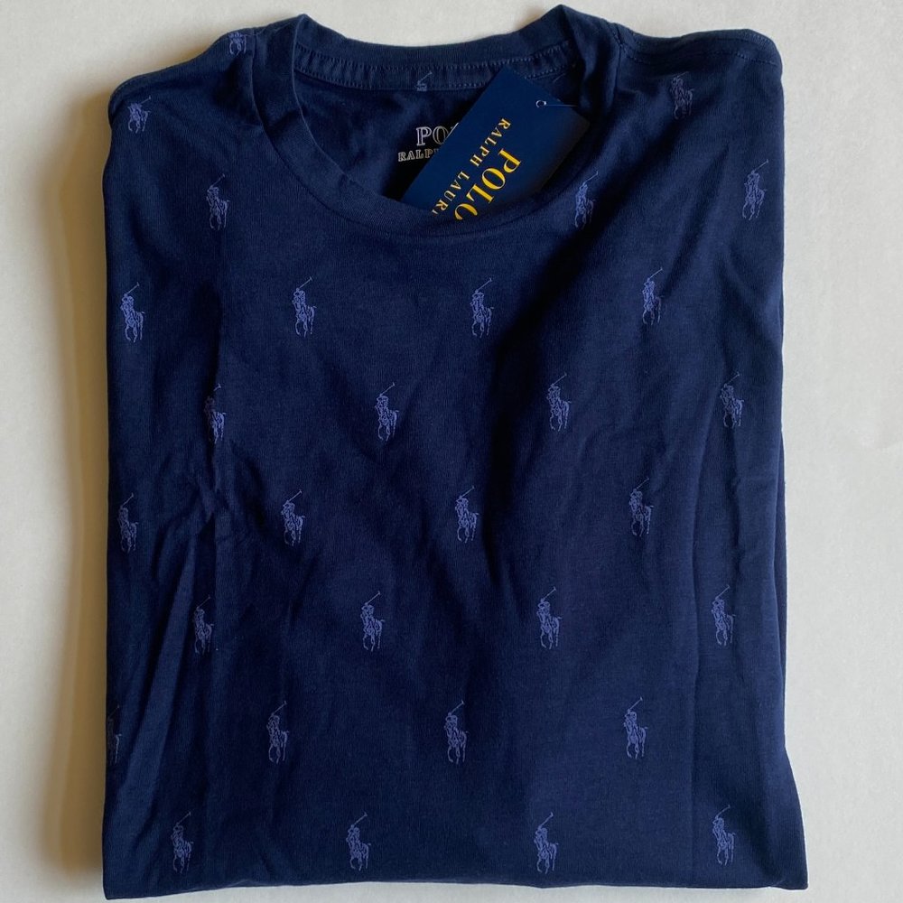 Polo Ralph Lauren Allover Pony Logo Long Sleeve Knit Crewneck Sleep Shirt Navy